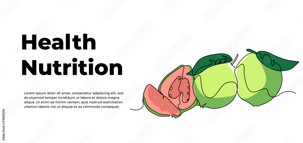 Poster guava one continuous line design. fruits symbol design concept. decorative elements drawn on a white
