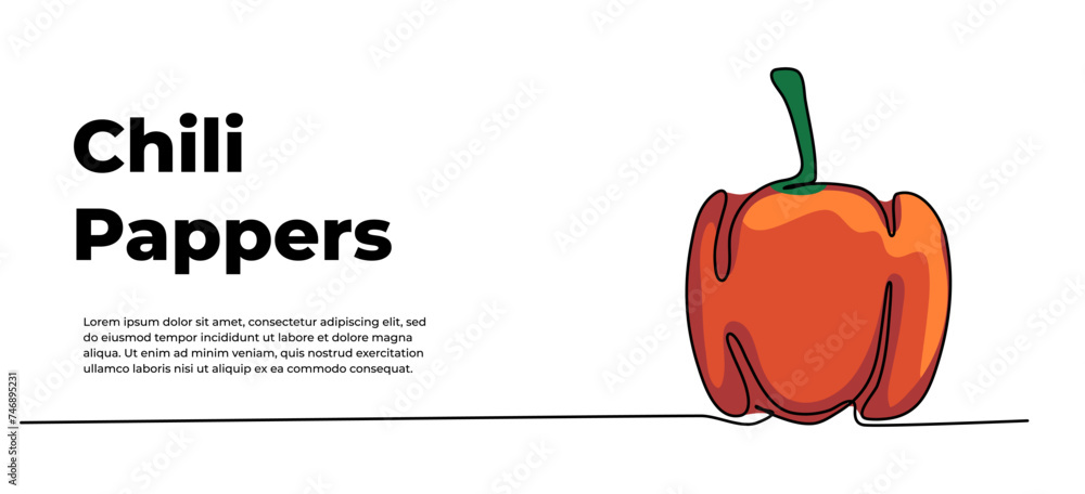 Poster peppers one continuous line design. vegetable symbol concept. decorative elements drawn on a white b