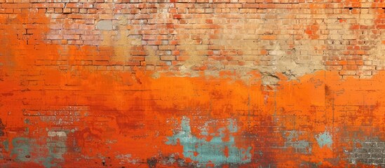 A brick wall painted with vibrant orange and blue colors, creating a striking abstract grunge...