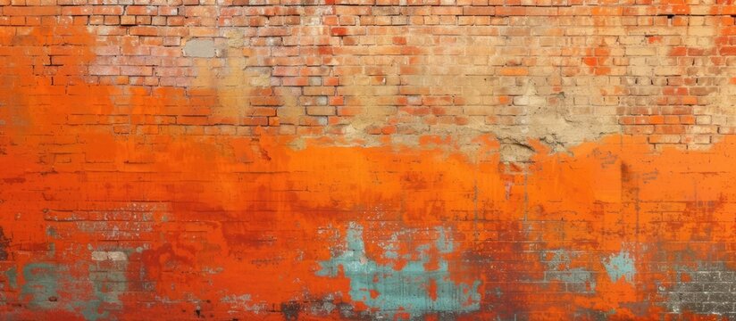 A brick wall painted with vibrant orange and blue colors, creating a striking abstract grunge background. The contrasting colors and textures add depth and character to the wall.