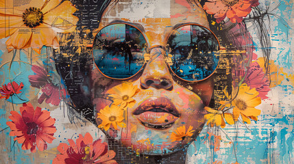 Retro pop art collage showcasing a woman in sunglasses surrounded by a colorful array of spring...
