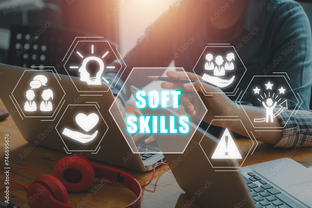 Poster soft skills concept, business team using laptop computer on office desk with soft skills icon on vir