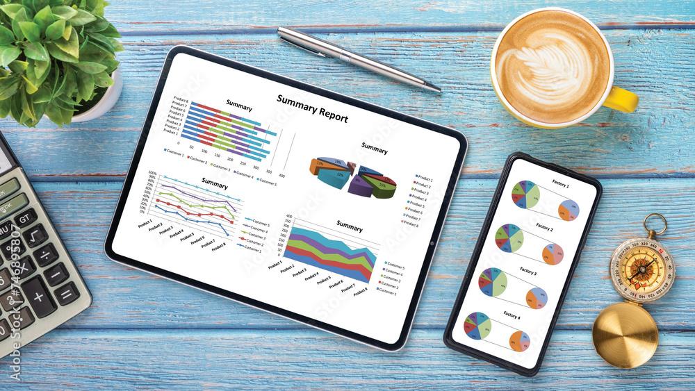 Aufkleber business analytics and colorful data charts are displayed on a tablet and smartphone, accompanied by