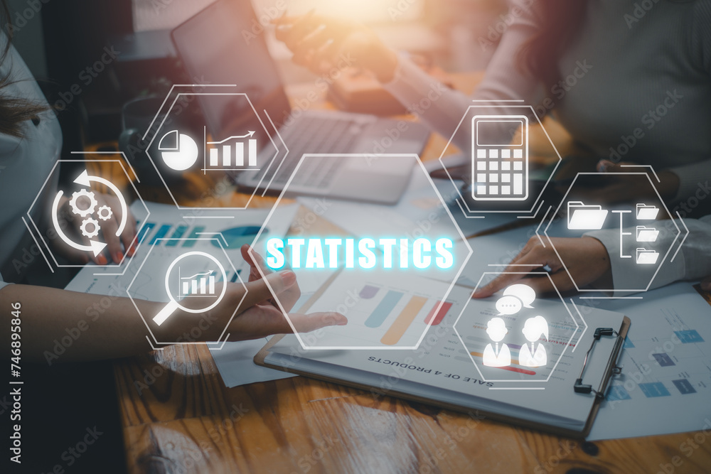 Poster statistics concept, business team analyzing income charts and graphs with statistics icon on virtual