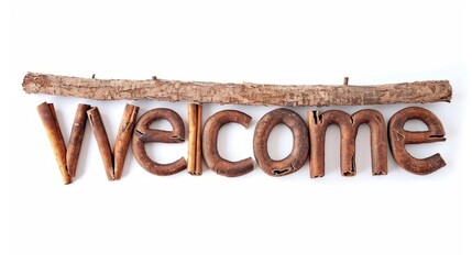 The word Welcome isolated on white background made in Cinnamon Typography style. Decorative lettering of a word Welcome. Creative postcard. Ai Generated Digital art poster.