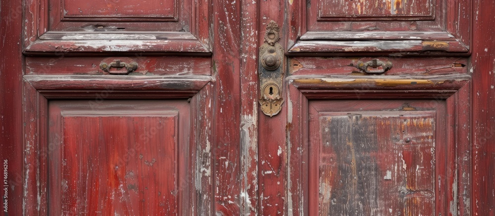 Poster a close-up view of a red door featuring a clock mounted on its surface. the doors vibrant red color 