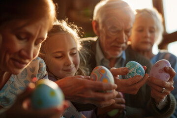 Close-up of a joyful family with painted Easter eggs - obrazy, fototapety, plakaty