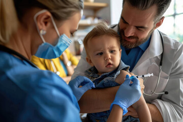 Close up of pediatrician giving vaccine to baby at doctor's office