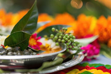 Obraz na płótnie Canvas Close-up of vibrant Ugadi celebration elements