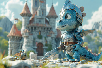 A cartoon human knight in shining armor, battling a friendly-looking dragon with a tickle sword, in front of a whimsical castle.