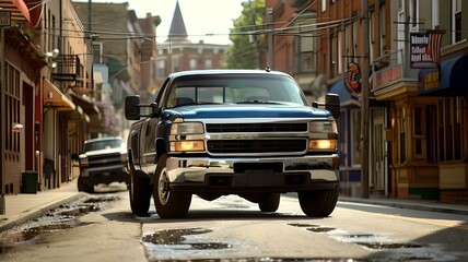 A blue classic pickup truck is parked on the wet city street. The truck has four doors, a chrome grille and bumper, and an empty truck bed. - obrazy, fototapety, plakaty