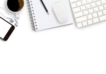 keyboard and coffee on desktop in office
