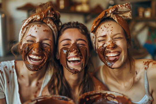 Happy friends indulging in a chocolate-making workshop, their faces smeared with chocolate as they laugh at their culinary creations.