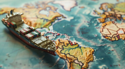 Container ship model on world map , transportation of goods between countries on the road concept