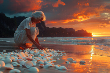 An elderly pensioner on a beach at sunset, collecting seashells and walking barefoot in the sand, fully embracing the peaceful moment. - obrazy, fototapety, plakaty