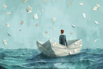 A cartoon businessman navigating a paper boat in a sea of documents and reports, illustrating the...