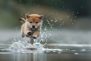 cute shiba-inu puppy running on the water