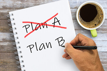 Hand writing plan A and plan B on notebook with coffee