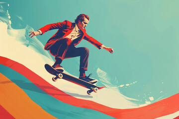 Obraz premium A dynamic cartoon businessman skateboarding over a curve-shaped graph, showcasing agility and risk-taking in navigating market trends.