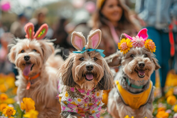 A lively Easter pet parade, with dogs and cats dressed in bunny ears and spring costumes, walking alongside their owners through a decorated park.