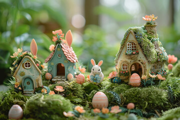 A magical Easter fairy garden setup, complete with miniature houses, tiny egg-shaped decorations, and figurines of fairies and bunnies among the foliage. - obrazy, fototapety, plakaty