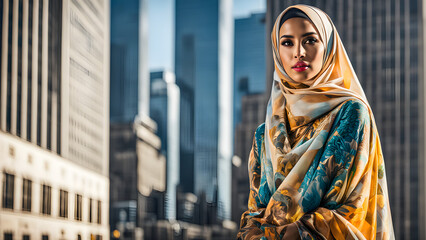 A beautiful Muslim woman wearing colorful clothes with a sense of fashion design, city background
