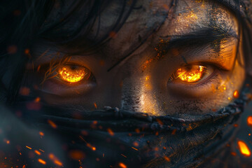 Intense Eyes with Fiery Sparks. Ninja eyes a nebula monster, darkness and nature clash. Close-up of a person eyes glowing intensely orange, resembling fire, with sparks surrounding the face.