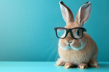 Business funny cute bunny rabbit wearing glasses on background. - obrazy, fototapety, plakaty