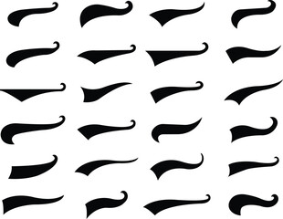 Set of Swoosh and swoop underline typography tail shapes in fill styles. Brush drawn curved smear. Hand drawn curly swishes, swash, twiddle. vectors calligraphy doodle swirl on transparent background.