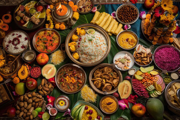 A festive spread of traditional Ugadi dishes in vibrant setup