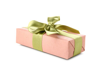 Pink gift box with green bow on white background. International Women's Day