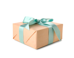 Gift box with blue bow on white background. International Women's Day