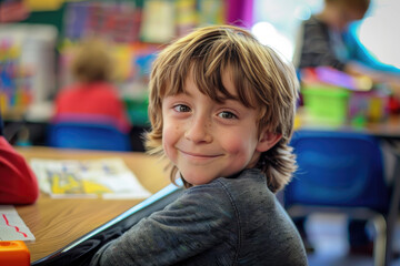 Happy elementary student in classroom looking at camera