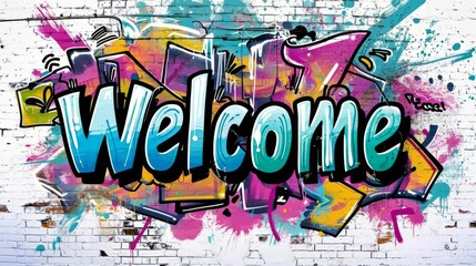 The word Welcome isolated on white background made in Graffiti Calligraphy style. Decorative lettering of a word Welcome. Creative postcard. Ai Generated Digital art poster.