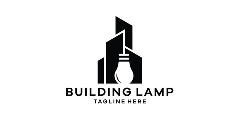 logo design combination of building shape with lamp, logo design creative template, symbol, icon, idea.