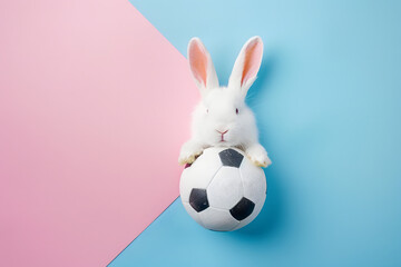 Easter bunny rabbit with football on background.