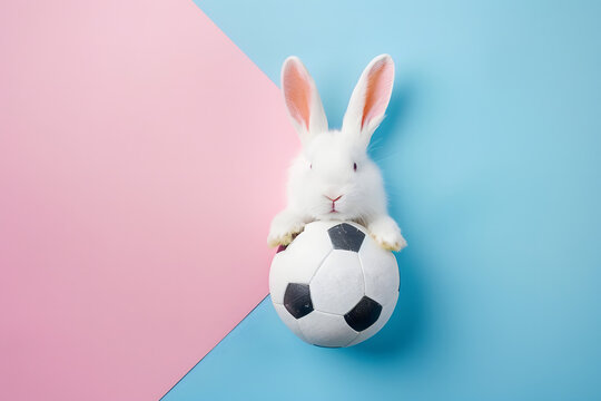 Naklejki Easter bunny rabbit with football on background.