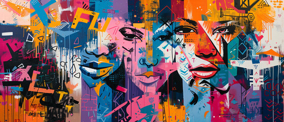 A painting of faces made of bright colors and shapes