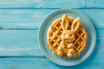 Waffles with bunny rabbit shaped in plate on blue wooden background for Easter Day.