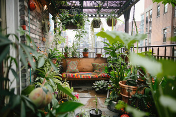 Fototapeta na wymiar A cozy balcony transformed into a lush green oasis