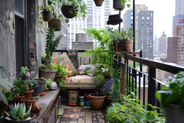 Fototapeta na wymiar A cozy balcony transformed into a lush green oasis