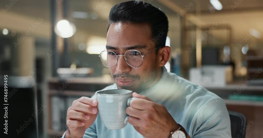 Poster Man, night and computer for business and drinking coffee, reading report and working overtime on startup. Asian male person, plan and research on internet for proposal, website and tea for deadline