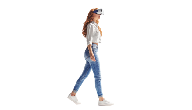woman using a VR headset, isolated on white