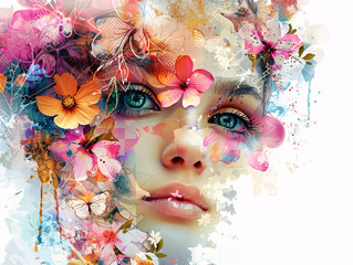 A young girl's face is surrounded by a variety of flowers.