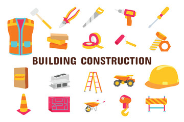 Building Construction Flat Vector Illustration Icon Sticker Set Design Materials