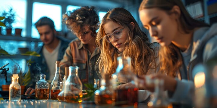 High school students experiment with creating potions in science class after school. Concept High School, Students, Science Class, Potions, Experimentation