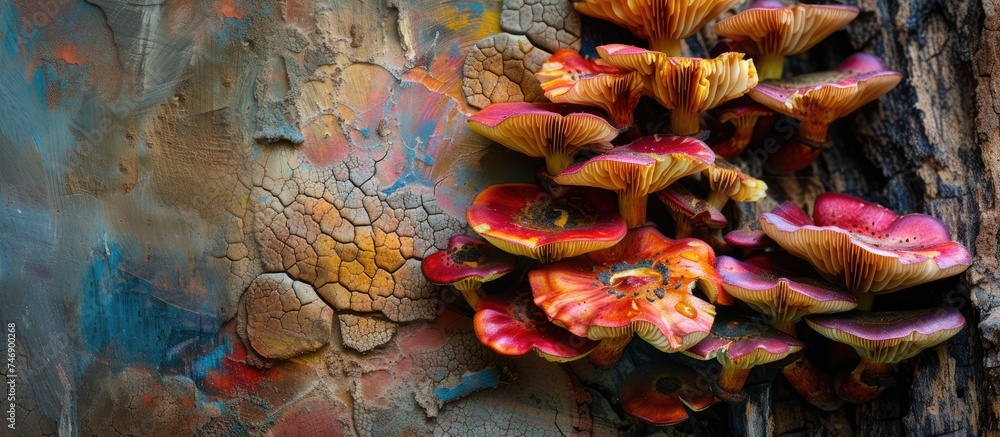 Poster a macro photography view of a vibrant bunch of mushrooms growing on the textured bark of a tree. the
