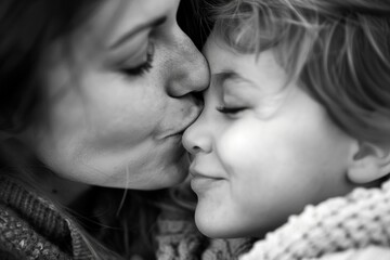 Mother kissing her son, beige background, Mother's Day celebration concept.