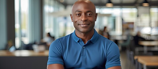 An African American man, confidently smiling, wearing a blue shirt, seated in a restaurant setting.