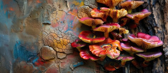 A macro photography view of a vibrant bunch of mushrooms growing on the textured bark of a tree. The mushrooms vary in size, shape, and color, creating a unique visual contrast against the trees